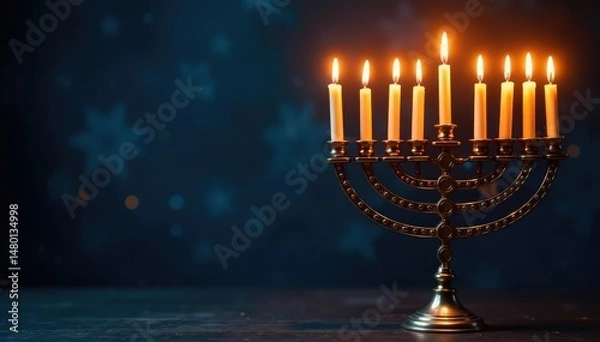 Fototapeta A brightly lit menorah with burning candles on a dark background , december, candles, golden