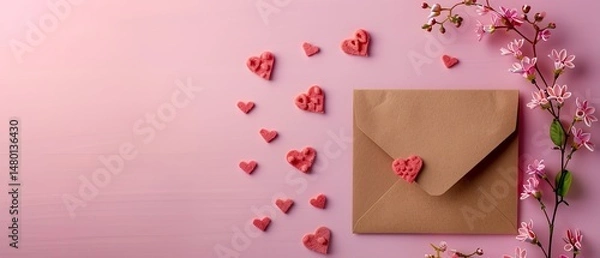 Obraz Paper-cut hearts with a romantic letter envelope against a delicate pink backdrop with content space, Generative AI.