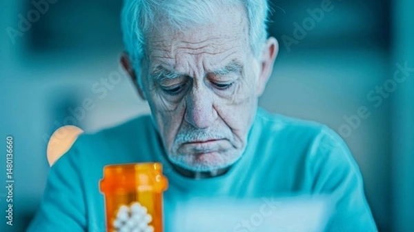 Fototapeta An elderly man looks down thoughtfully at a bottle of medication, appearing concerned or reflective in a blue-toned room.