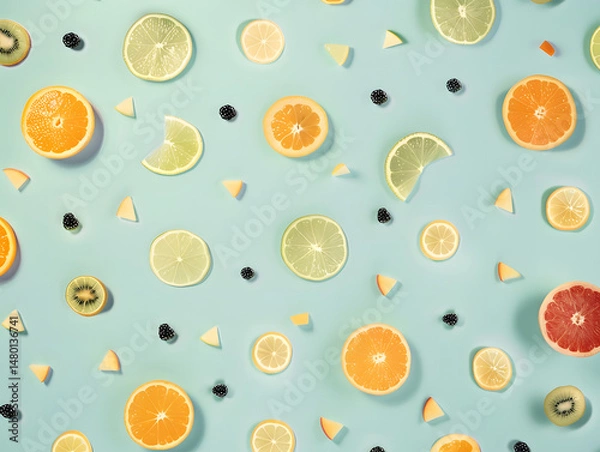 Obraz Colorful citrus and fruit slices scattered on aqua blue background