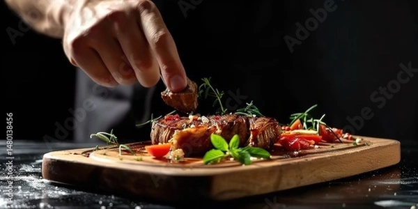 Obraz An experienced cook in an elegant restaurant presents a scrumptious beef steak on a wooden tray, Generative AI.