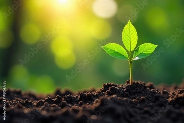 Fototapeta Young tree sapling planted in rich soil, sunlight dappling leaves , leaves, green, spring