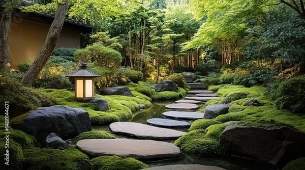 Fototapeta A serene Japanese garden with a stone path and lantern