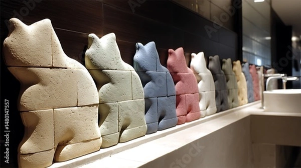 Fototapeta Row of colorful cat sculptures