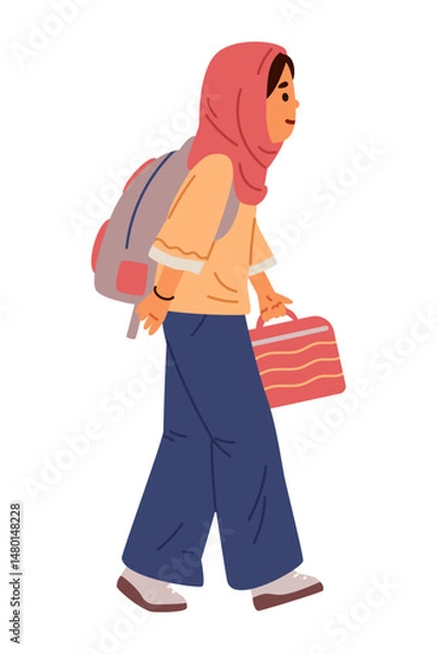 Fototapeta Muslim girl in uniform with backpack going to school flat vector illustration isolated on white.