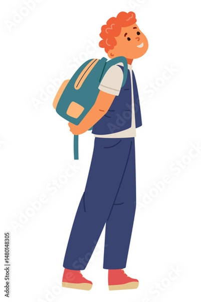 Fototapeta Smiling red hair school boy in uniform with backpack walking to school flat vector illustration isolated on white.