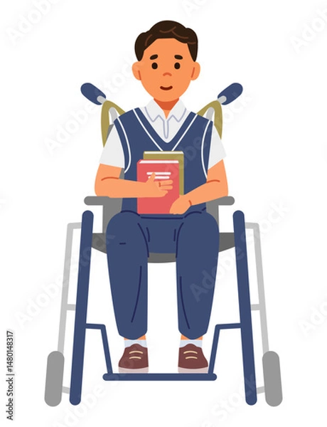 Fototapeta Cute school boy in wheelchair wearing uniform with backpack holding a book flat vector illustration isolated on white.