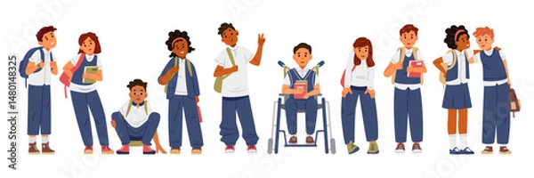 Fototapeta Group of diverse multiracial school children in uniform with schoolbags flat vector illustration isolated on white.