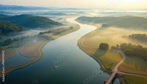 Fototapeta aerial view of a foggy river delta with soft tones realistic detail clean composition subject clarity commercial usability lifestyle scene product photography e commerce branding concept studio lighti