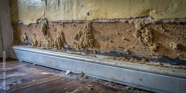 Obraz Closeup of termite damage to the baseboard and wall in a home, revealing the extent of the infestation and the need for professional pest control