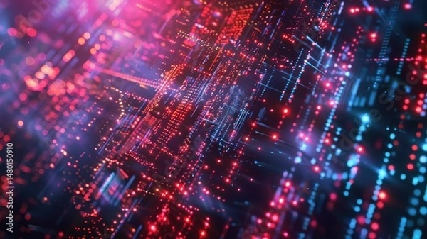 Obraz Abstract picture with digital style scenery, high tech building scatter around glow fantasy neon light. Cyberspace scene with technology design construction and electric particle flow around. AIG53.