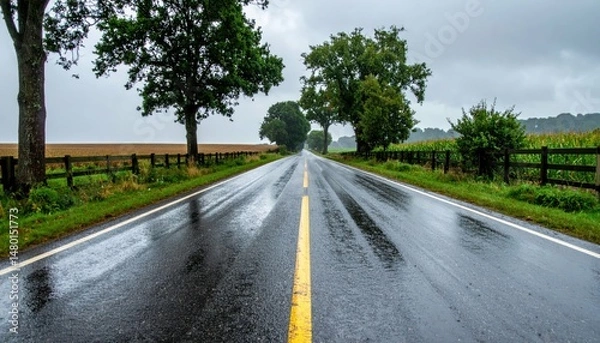 Fototapeta Serene Rainy Road View with Lush Greenery and Vibrant Landscape