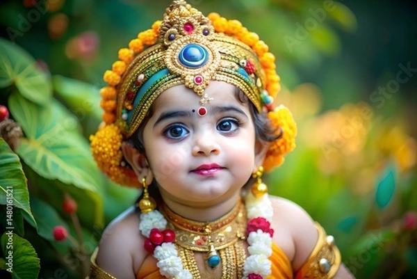 Obraz Indian Girl in Colorful Lord Krishna Attire for Janmashtami Celebration