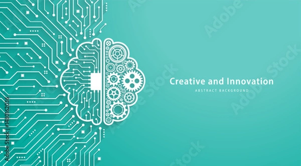 Obraz Concept of Artificial Intelligence. Gears with a brain shape and digital brain on a circuit background. Innovation in the future. AI; big data; deep learning; and engineering.Vector illustration.