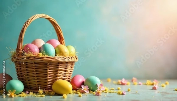 Fototapeta Colorful Easter baskets overflowing with eggs and treats , willow, blue, spring