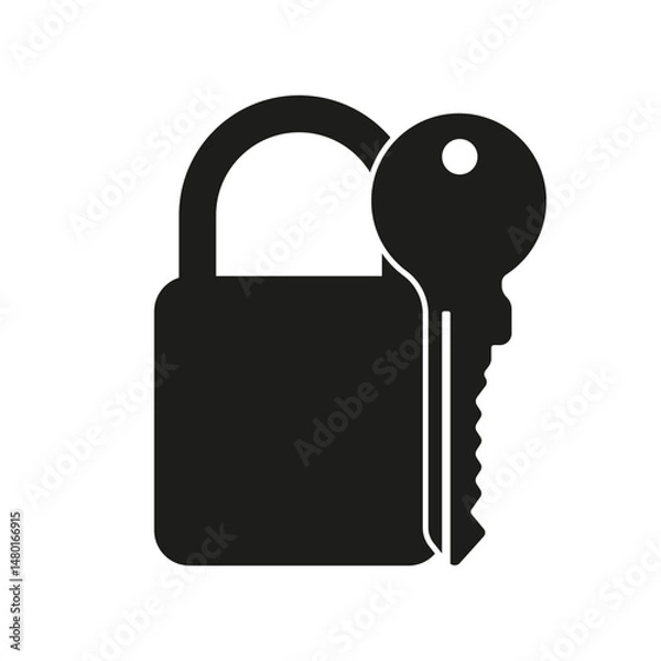 Fototapeta Vector icon of a closed padlock with a key, representing security, protection, or privacy. Black silhouette on a white background.
