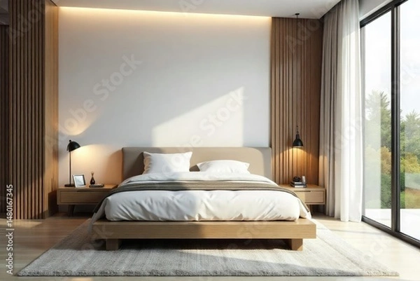 Obraz Modern minimalist bedroom, clean lines, neutral tones, modern, interior