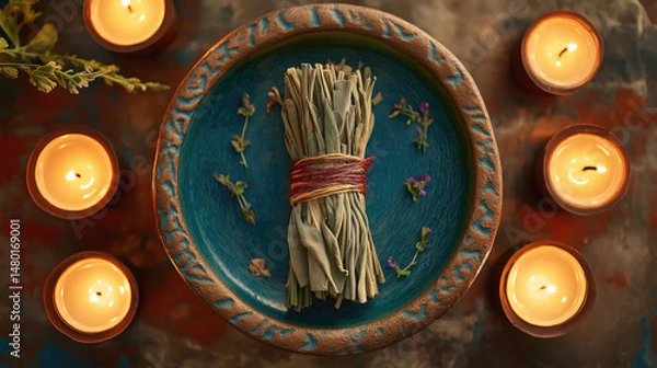 Fototapeta Sage bundle on turquoise plate surrounded by candles, creating a warm glow