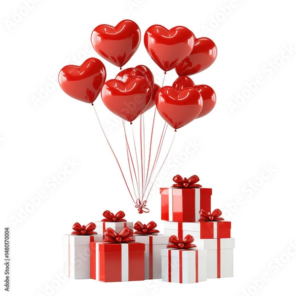 Obraz Heart shaped balloons and gift boxes isolated on transparent background