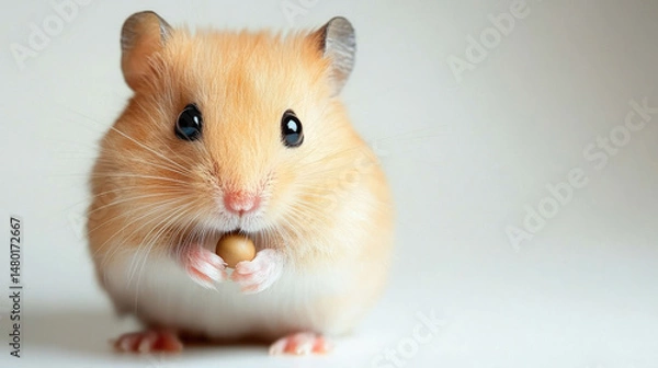 Fototapeta Adorable hamster clutches a small seed, focused, on a plain white backdrop
