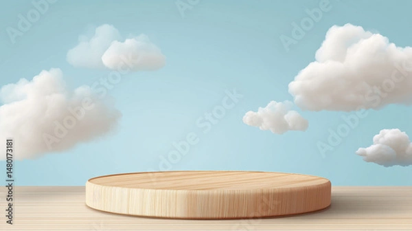 Fototapeta Wooden platform on a light surface with fluffy clouds against a blue sky backdrop