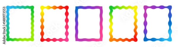 Obraz Squiggle frames with wavy gradient borders. Rectangle shapes with curve lines and zigzag edges. Abstract picture frames with rainbow color gradient wavy borders, vector illustration