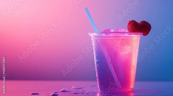 Obraz Refreshing Colorful Beverage with Ice and Straw in Vibrant Pink and Blue Background