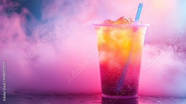 Obraz Colorful Refreshing Beverage in Cup with Ice and Straw Surrounded by Mist and Vibrant Lighting Effects