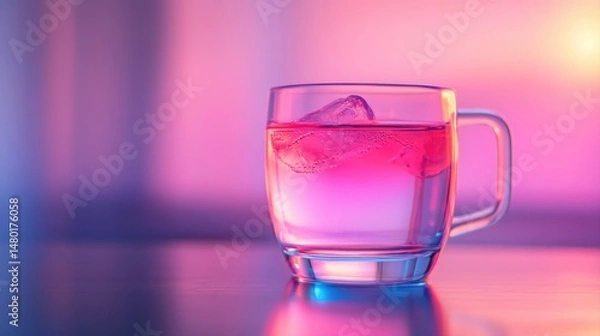 Obraz Vibrant Glass Cup with Icy Drink on Wooden Table Surrounded by Soft Colorful Lighting