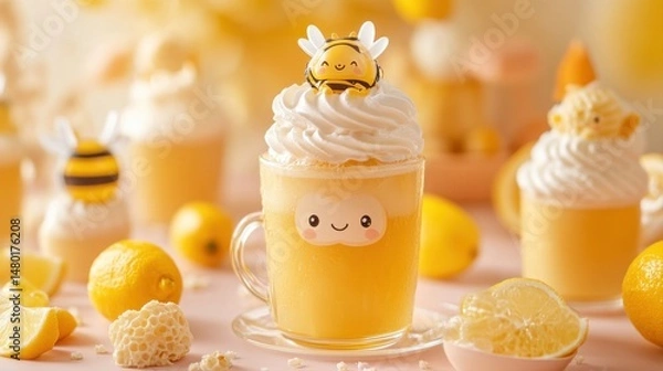 Obraz Cute Lemon Dessert with Whipped Cream and Bee Decorations on a Pastel Background