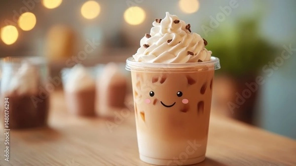 Obraz Cute smiling iced coffee drink with whipped cream and chocolate toppings in a cozy cafe setting