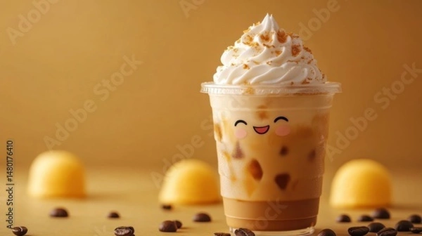 Obraz Cheerful Iced Coffee Drink with Whipped Cream and Smiling Face on a Simple Yellow Background