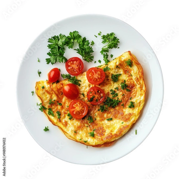 Obraz Omelet with tomatoes and parsley isolated on transparent background