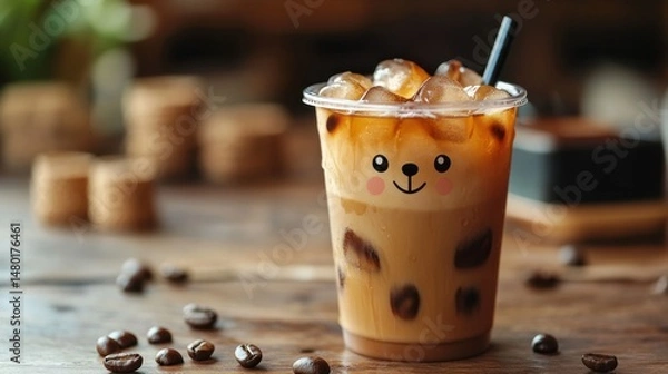 Obraz Cute iced coffee drink with playful bear face in transparent cup on wooden table with coffee beans and cookies