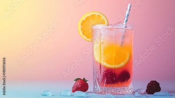 Obraz Refreshing Summer Beverage with Citrus and Berries in a Stylish Glass against a Gradient Background