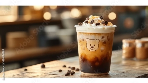 Obraz Refreshing iced coffee drink topped with whipped cream and chocolate chips in cozy café setting