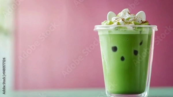 Obraz Creamy Matcha Beverage with Whipped Topping and Sprinkles in Clear Cup Against Pink Background