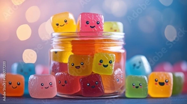 Obraz Colorful Smiling Ice Cubes in a Jar with Soft Focus and Bokeh Background for Fun and Playful Themes