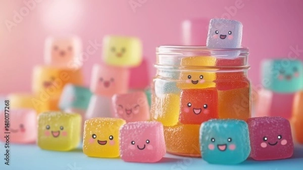 Obraz Colorful and Happy Fruit Gummies in a Jar on a Bright Pastel Background for Sweet Treat Lovers