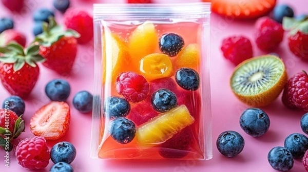 Obraz Fresh and Colorful Fruit Mix in Plastic Bag Surrounded by Assorted Berries on Pink Background