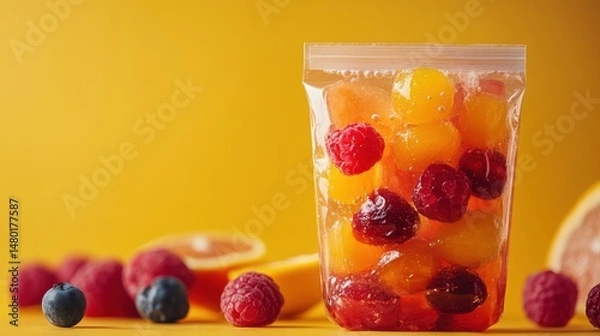 Obraz Colorful Mixed Fruit in Transparent Plastic Bag with Vibrant Yellow Background for Healthy Eating Concept