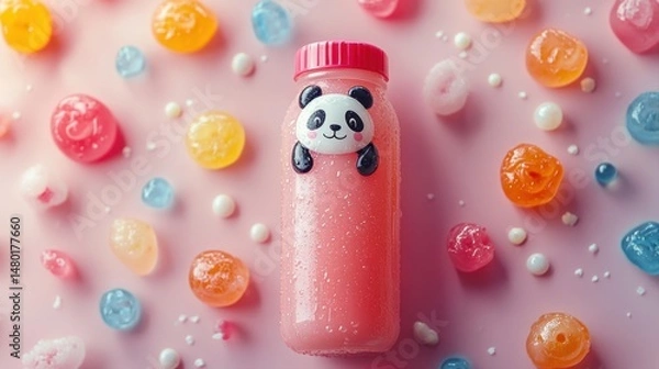 Obraz Cute pink drink bottle with panda design surrounded by colorful jelly candies on a pastel background