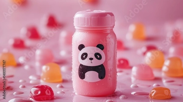 Obraz Cute pink bottle with panda design surrounded by colorful jelly candies on a pink background