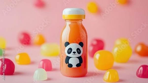 Obraz Cute panda juice bottle surrounded by colorful jelly candies on a soft pastel background
