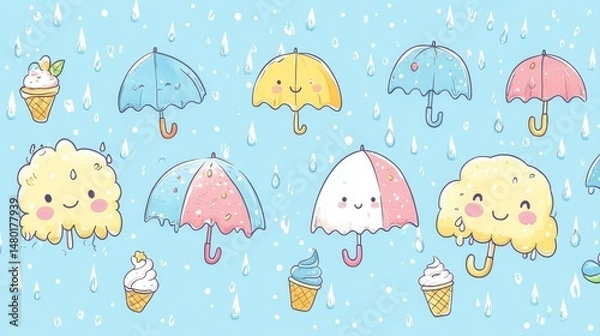 Obraz Cute Rainy Day Pattern with Umbrellas, Clouds, Ice Cream Cones, and Raindrops in Soft Pastel Colors