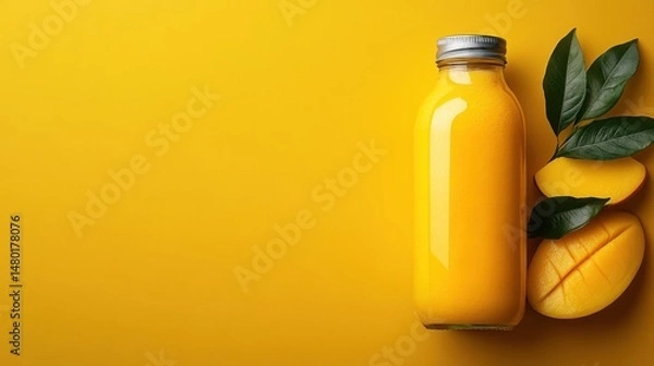 Obraz Fresh Mango Juice in Glass Bottle with Mango Slices and Green Leaves on Bright Yellow Background