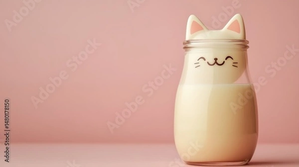 Obraz Cute cat-shaped milk bottle with playful facial expression against a minimalist pastel pink background