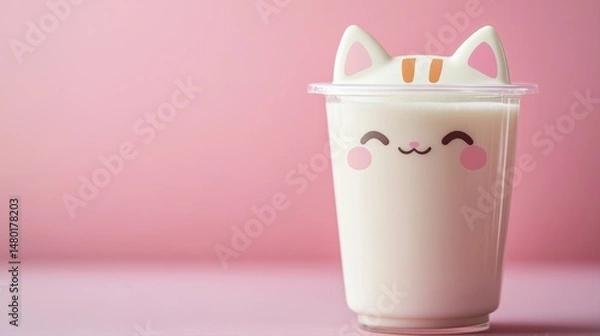Obraz Cute Cat-Themed Drink Container with Happy Face and Cat Ears on Light Pink Background
