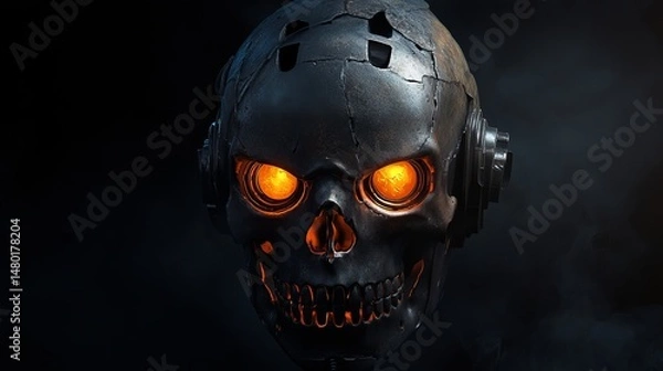 Fototapeta Cyberpunk robotic skull glowing orange eyes dark background futuristic metal 3d neon tech head mask