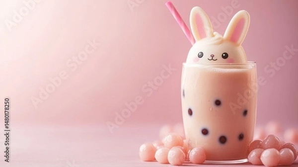 Obraz Cute Easter-themed dessert drink with bunny marshmallow topping and pastel pink background for festive celebration